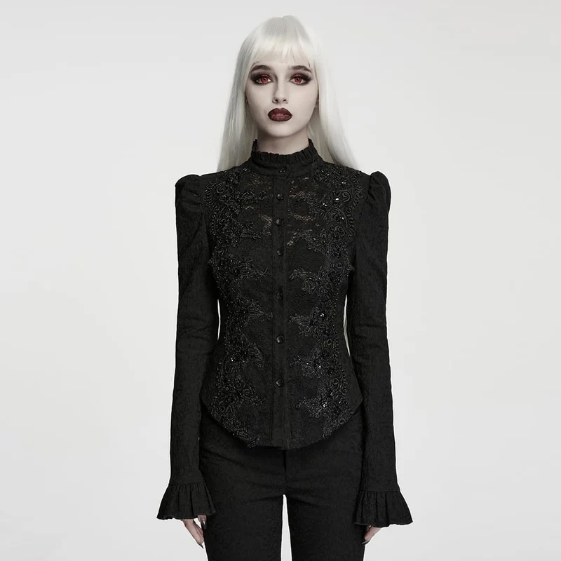 Gothic-Damenbluse mit Schnürung, Rüschen und Jacquardmuster, langärmlig