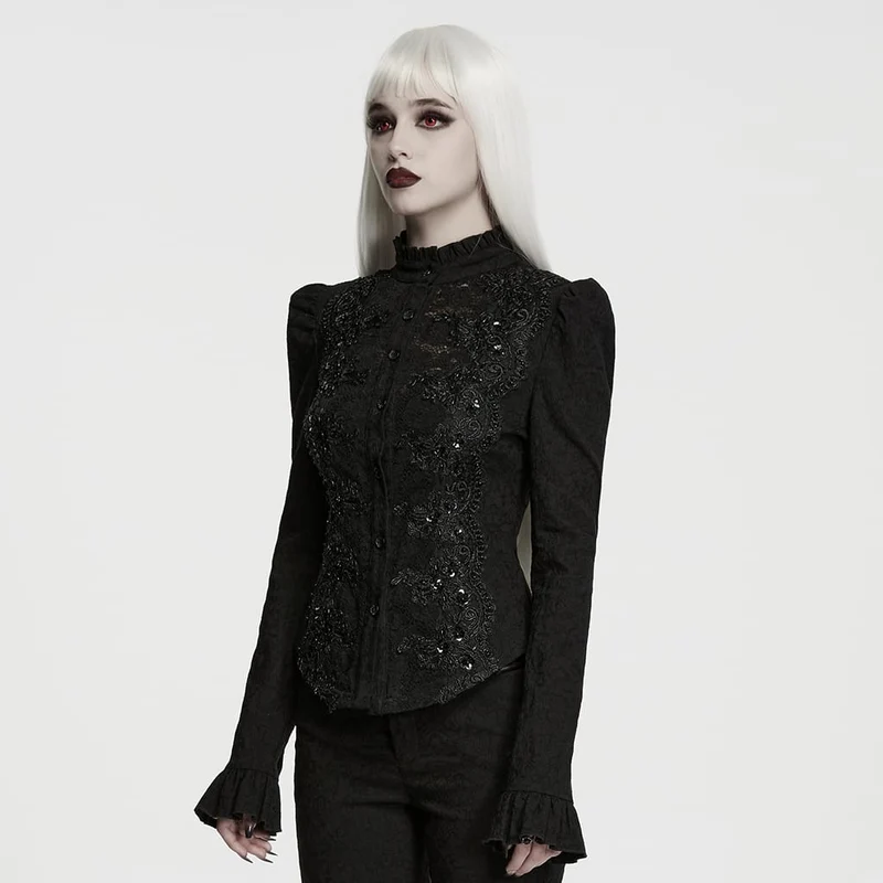 Gothic-Damenbluse mit Schnürung, Rüschen und Jacquardmuster, langärmlig