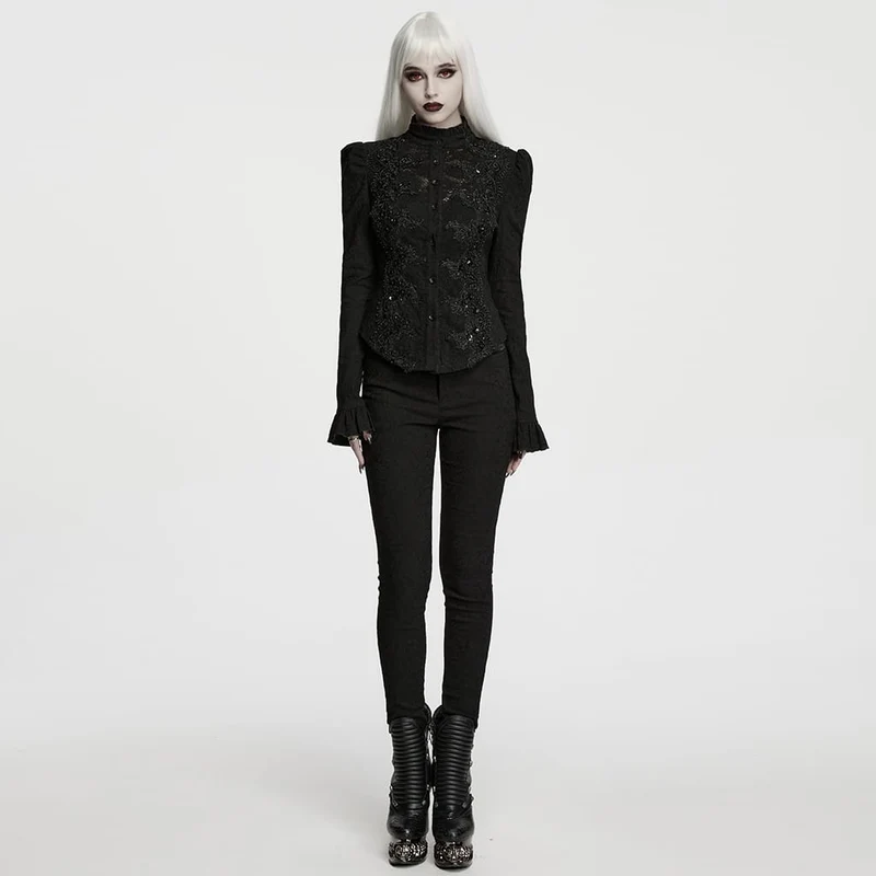 Gothic-Damenbluse mit Schnürung, Rüschen und Jacquardmuster, langärmlig