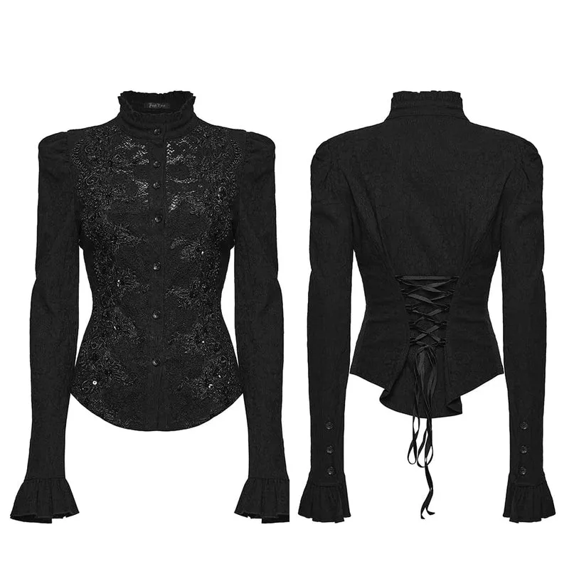 Gothic-Damenbluse mit Schnürung, Rüschen und Jacquardmuster, langärmlig
