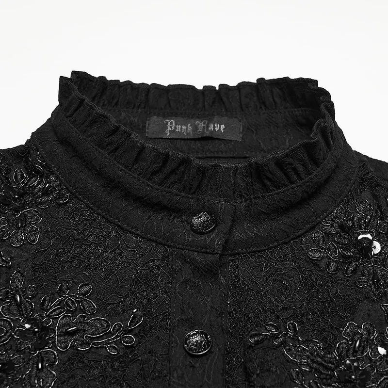 Gothic-Damenbluse mit Schnürung, Rüschen und Jacquardmuster, langärmlig