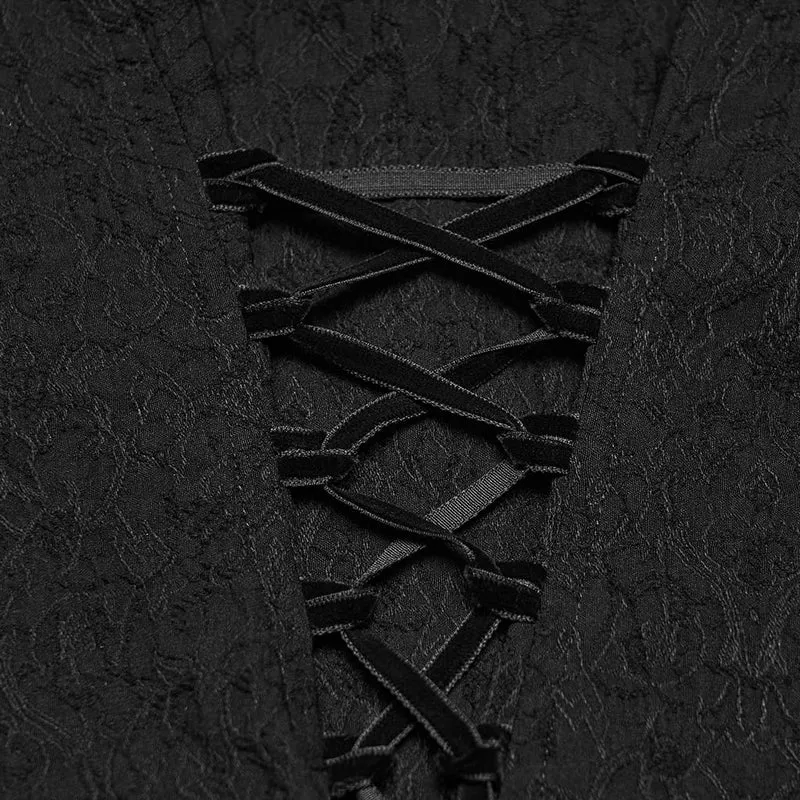 Gothic-Damenbluse mit Schnürung, Rüschen und Jacquardmuster, langärmlig