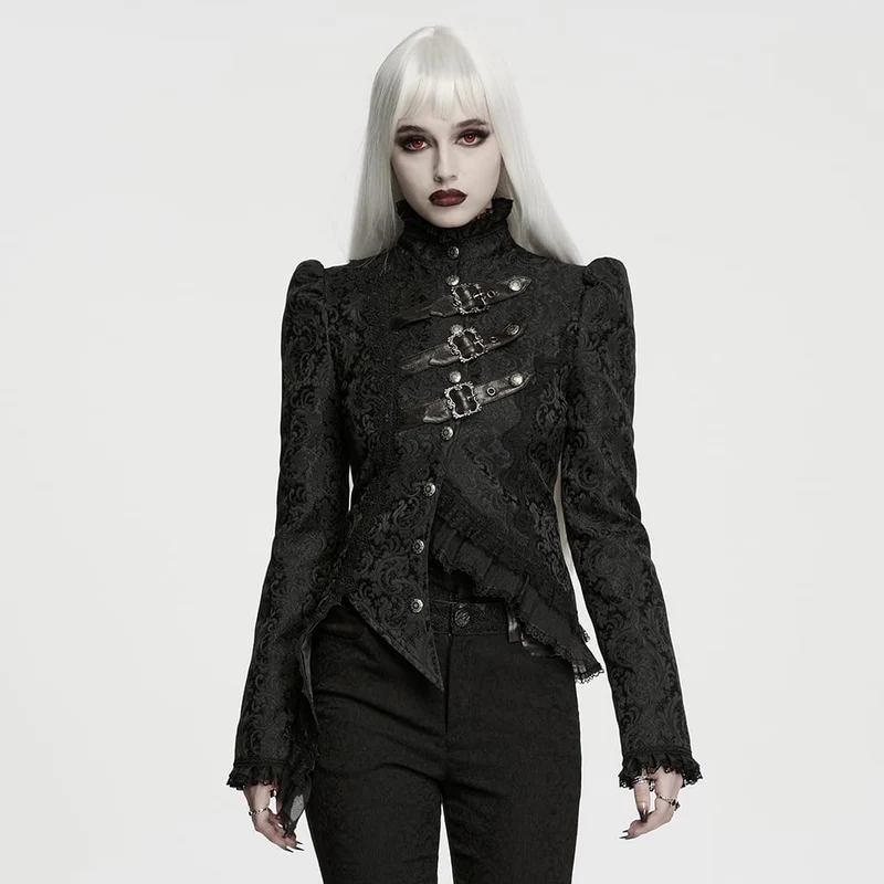 Gothic-Jacke für Damen mit asymmetrischem Schnallenriemen und Jacquard-Muster, langen Ärmeln