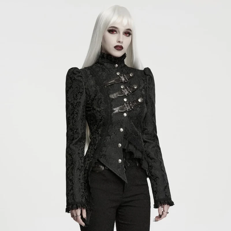 Gothic-Jacke für Damen mit asymmetrischem Schnallenriemen und Jacquard-Muster, langen Ärmeln