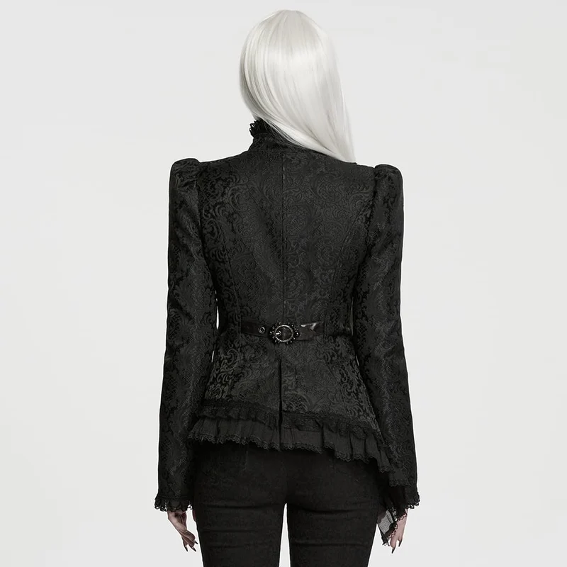 Gothic-Jacke für Damen mit asymmetrischem Schnallenriemen und Jacquard-Muster, langen Ärmeln