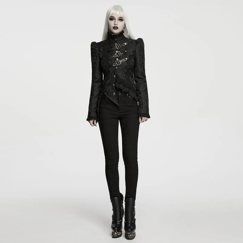 Gothic-Jacke für Damen mit asymmetrischem Schnallenriemen und Jacquard-Muster, langen Ärmeln