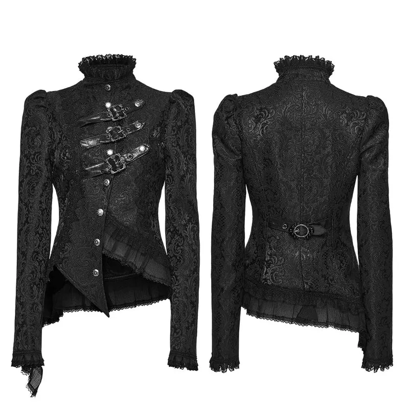 Gothic-Jacke für Damen mit asymmetrischem Schnallenriemen und Jacquard-Muster, langen Ärmeln