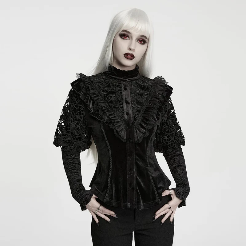 Gothic-Langarmshirt für Damen mit Schnürung und Rüschenbesatz