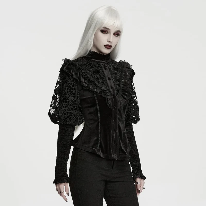 Gothic-Langarmshirt für Damen mit Schnürung und Rüschenbesatz