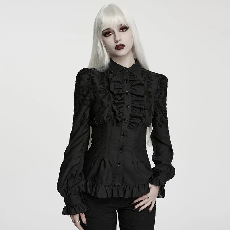 Gothic-Damenbluse mit Rüschen und bestickten Bischofsärmeln