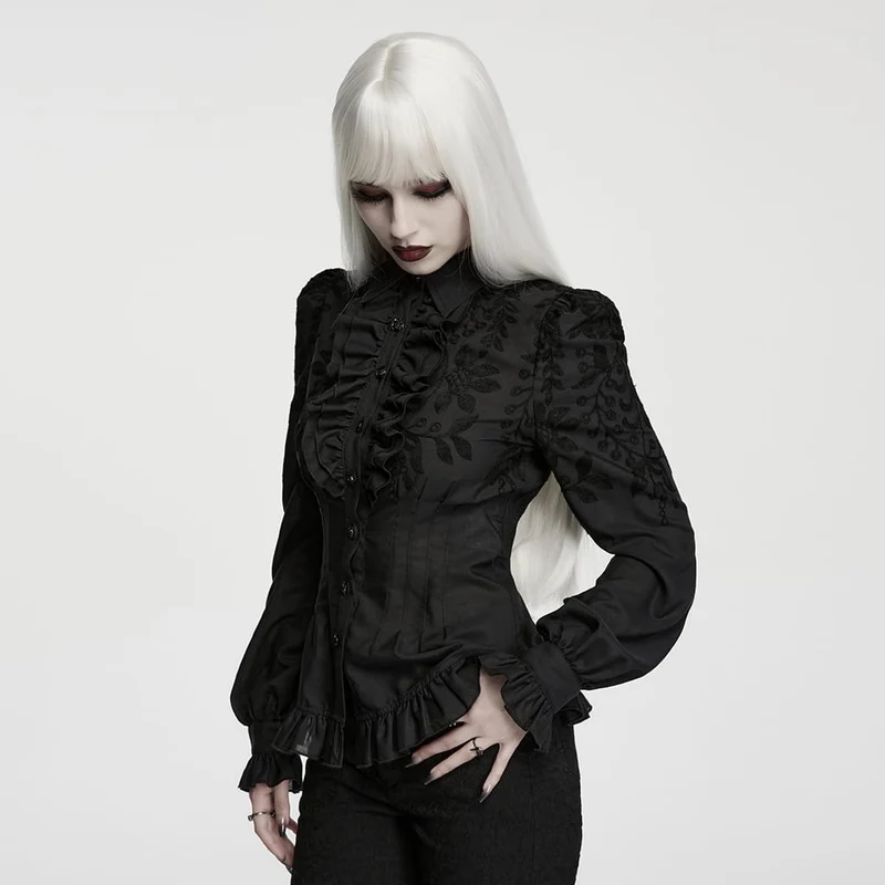 Gothic-Damenbluse mit Rüschen und bestickten Bischofsärmeln