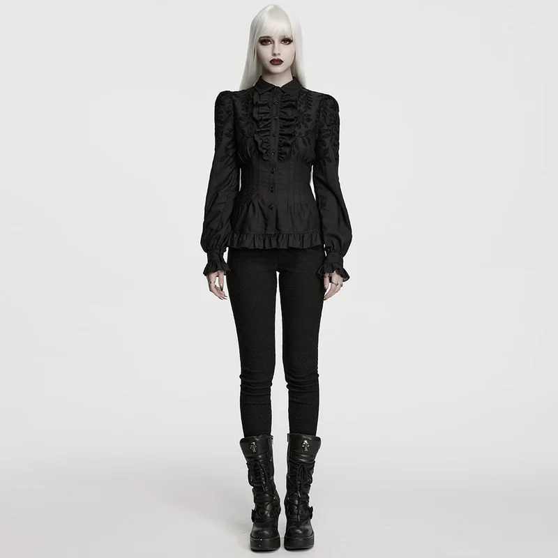Gothic-Damenbluse mit Rüschen und bestickten Bischofsärmeln