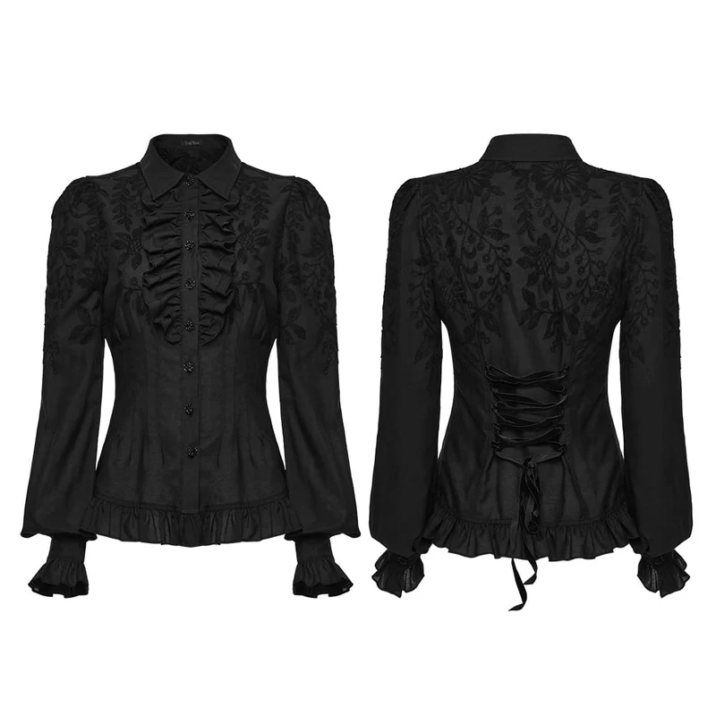 Gothic-Damenbluse mit Rüschen und bestickten Bischofsärmeln