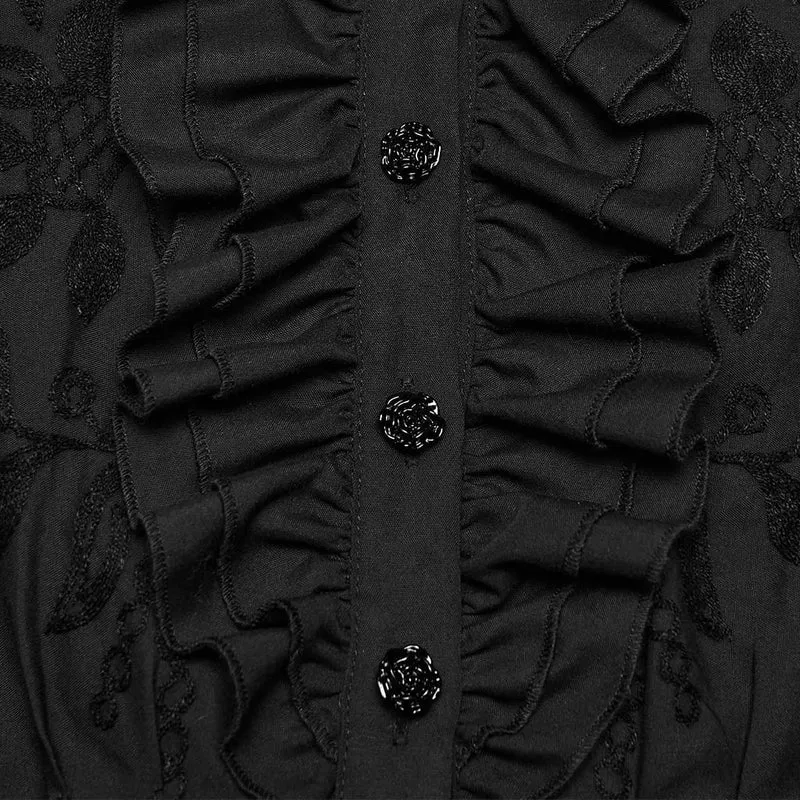 Gothic-Damenbluse mit Rüschen und bestickten Bischofsärmeln