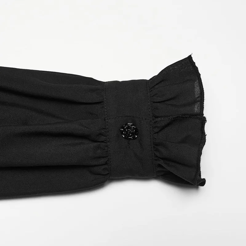 Gothic-Damenbluse mit Rüschen und bestickten Bischofsärmeln