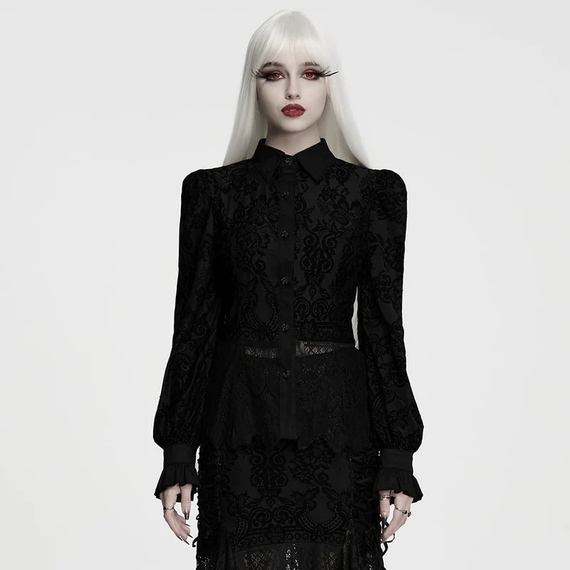 Gothic-Damenbluse mit Schnürung, Blumenmuster und langen Ärmeln