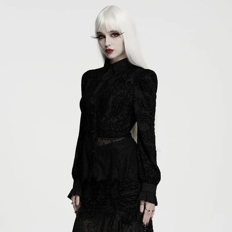 Gothic-Damenbluse mit Schnürung, Blumenmuster und langen Ärmeln