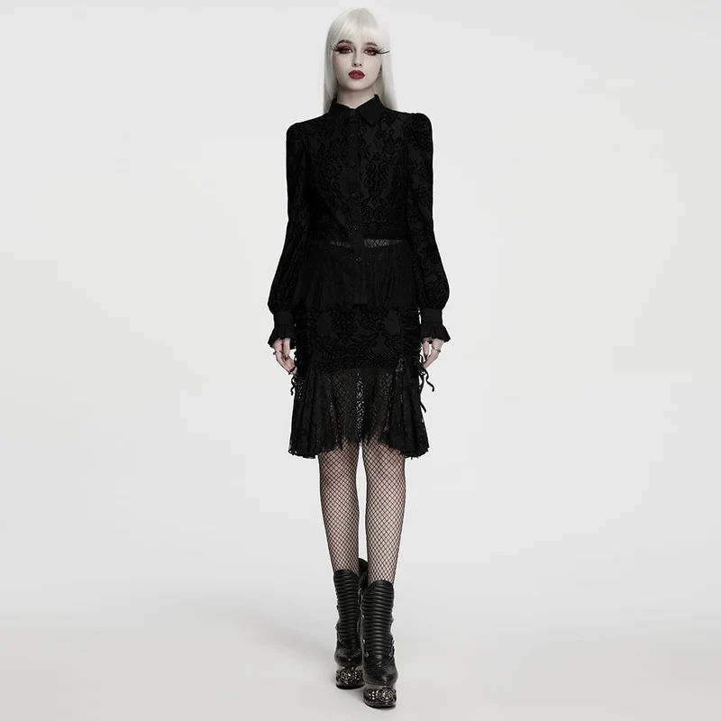 Gothic-Damenbluse mit Schnürung, Blumenmuster und langen Ärmeln