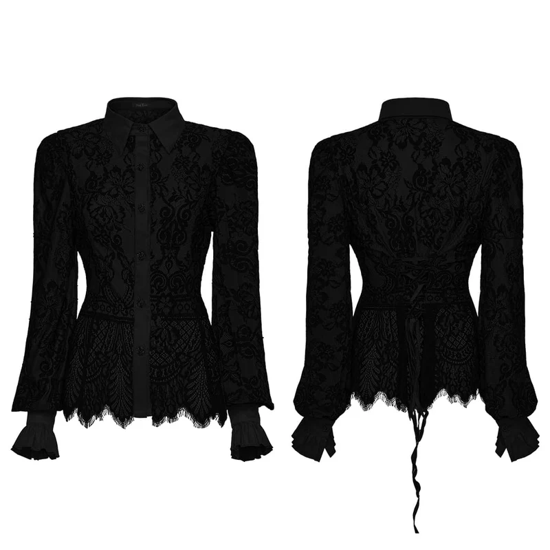 Gothic-Damenbluse mit Schnürung, Blumenmuster und langen Ärmeln