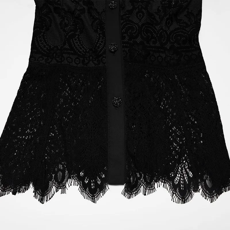 Gothic-Damenbluse mit Schnürung, Blumenmuster und langen Ärmeln