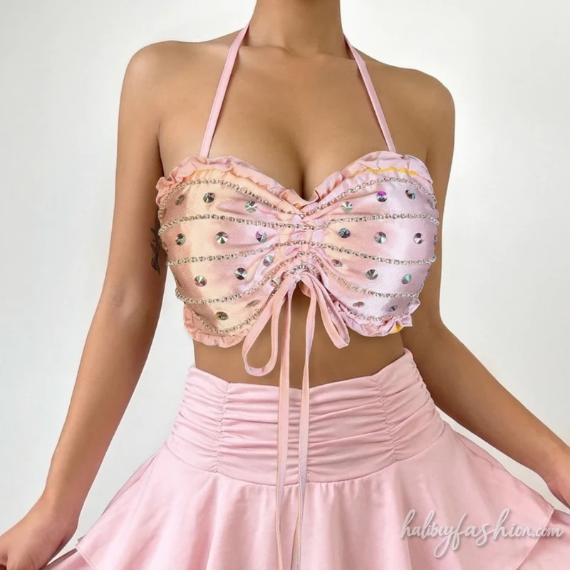 Rhinestone beaded drawstring ruffle cami top