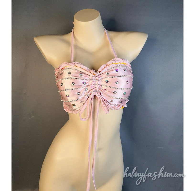 Rhinestone beaded drawstring ruffle cami top