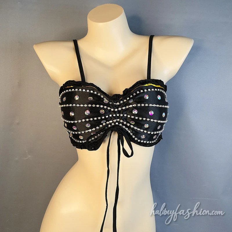 Rhinestone beaded drawstring ruffle cami top