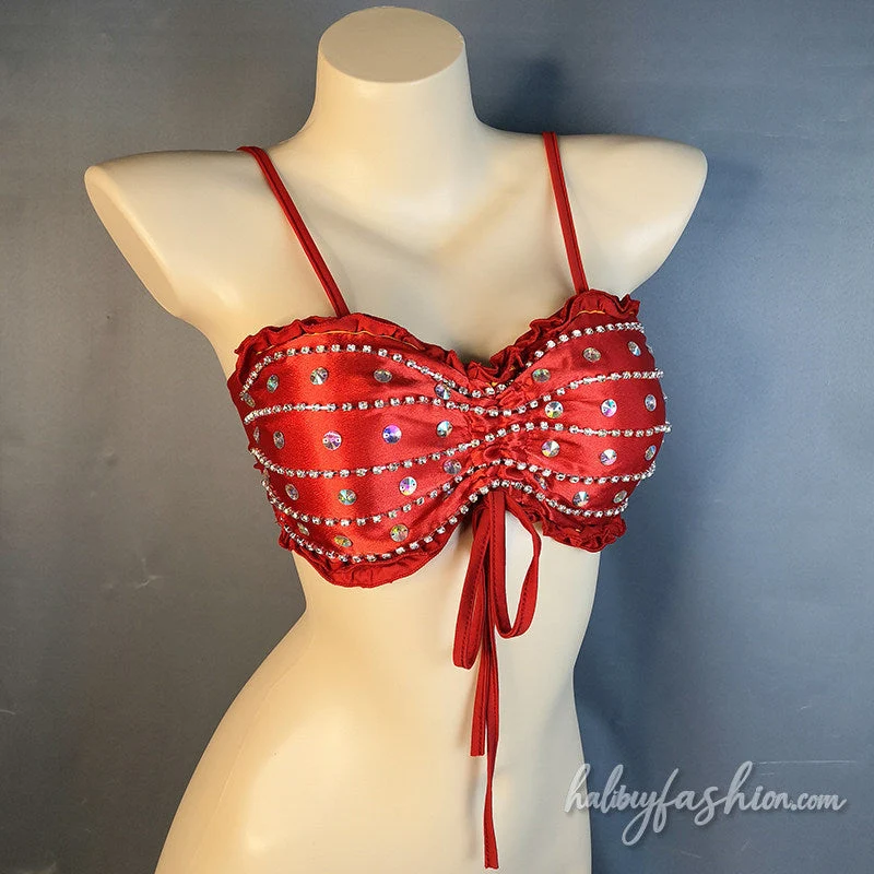 Rhinestone beaded drawstring ruffle cami top