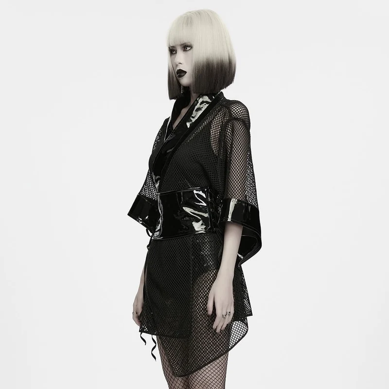Gothic-Kimono für Damen mit Schleife, Lacklederbesatz und Netzmuster