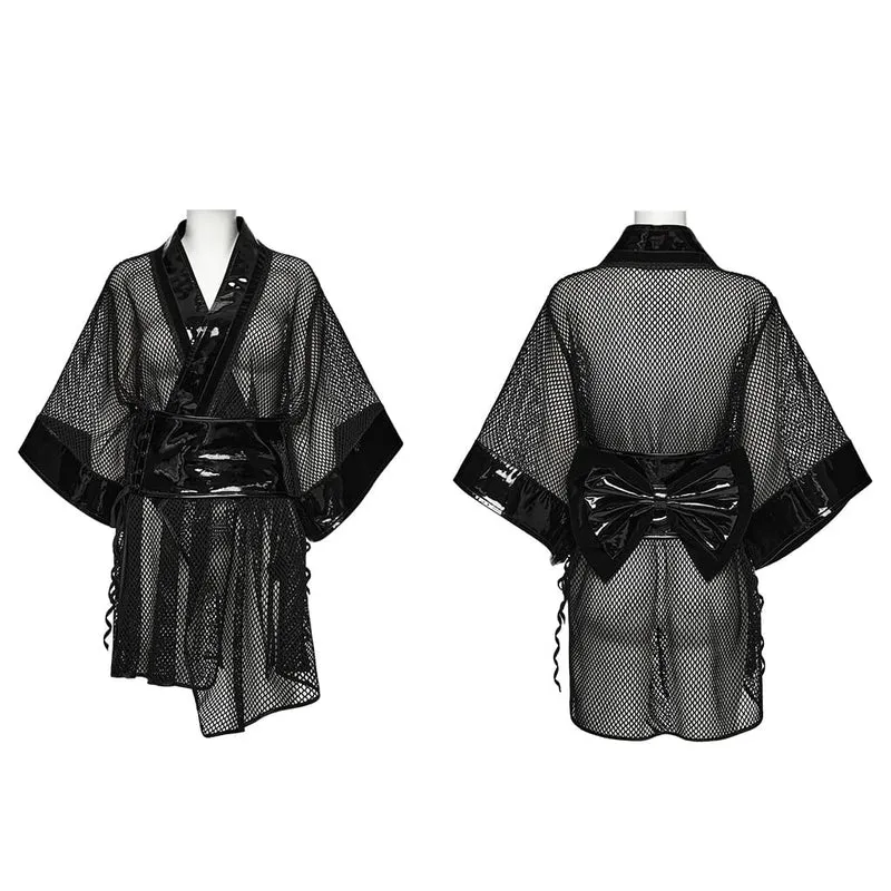 Gothic-Kimono für Damen mit Schleife, Lacklederbesatz und Netzmuster