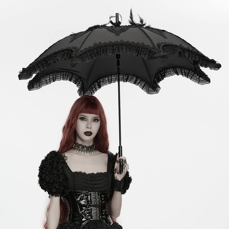 Gothic-Regenschirm für Damen mit bestickter Applikation und Spitzenbesatz