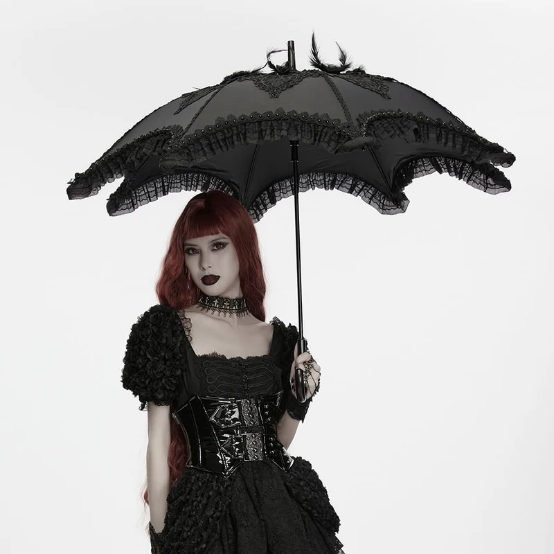 Gothic-Regenschirm für Damen mit bestickter Applikation und Spitzenbesatz