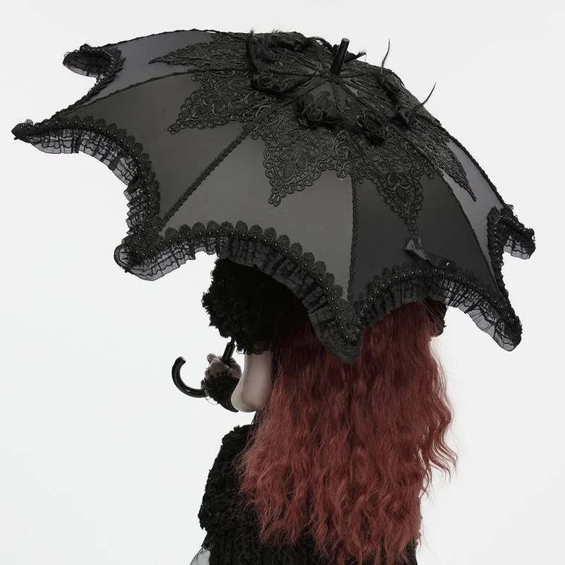 Gothic-Regenschirm für Damen mit bestickter Applikation und Spitzenbesatz