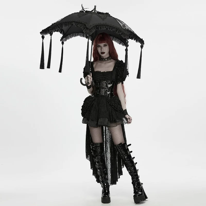 Gothic-Regenschirm für Damen mit bestickter Applikation und Spitzenbesatz