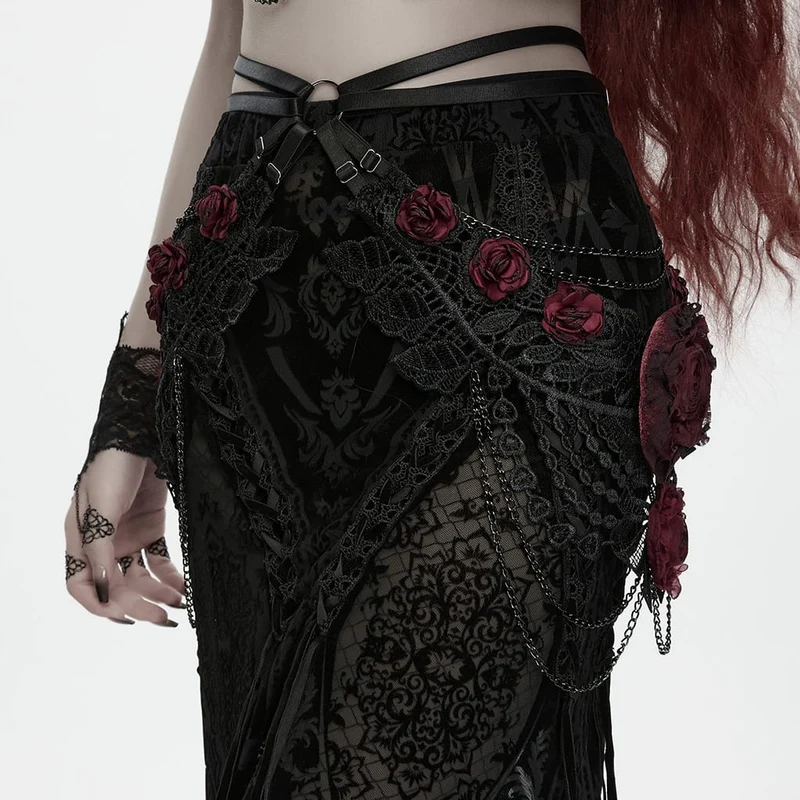 Gothic-Hüftgeschirr mit Rosenkette für Damen, Schwarz-Rot