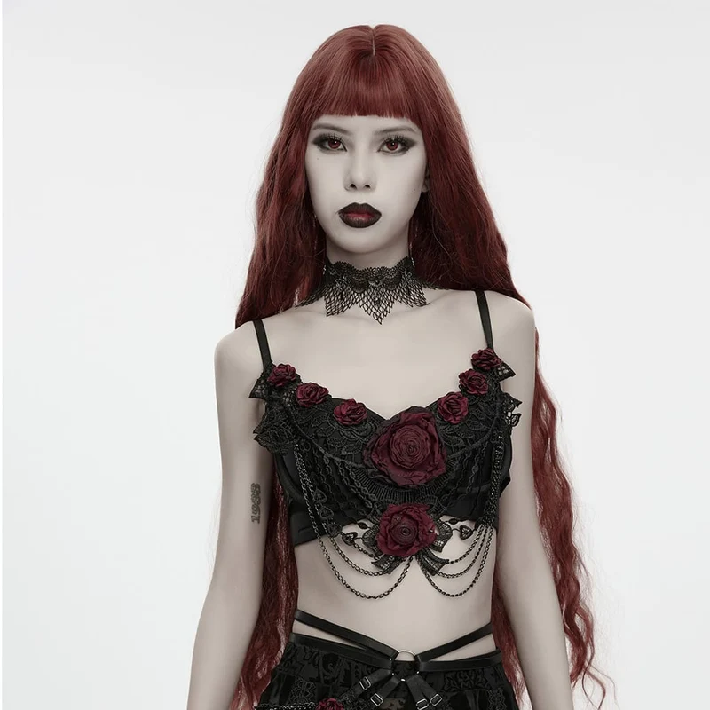 Gothic-Bralet mit Rosenkette für Damen, Schwarz-Rot