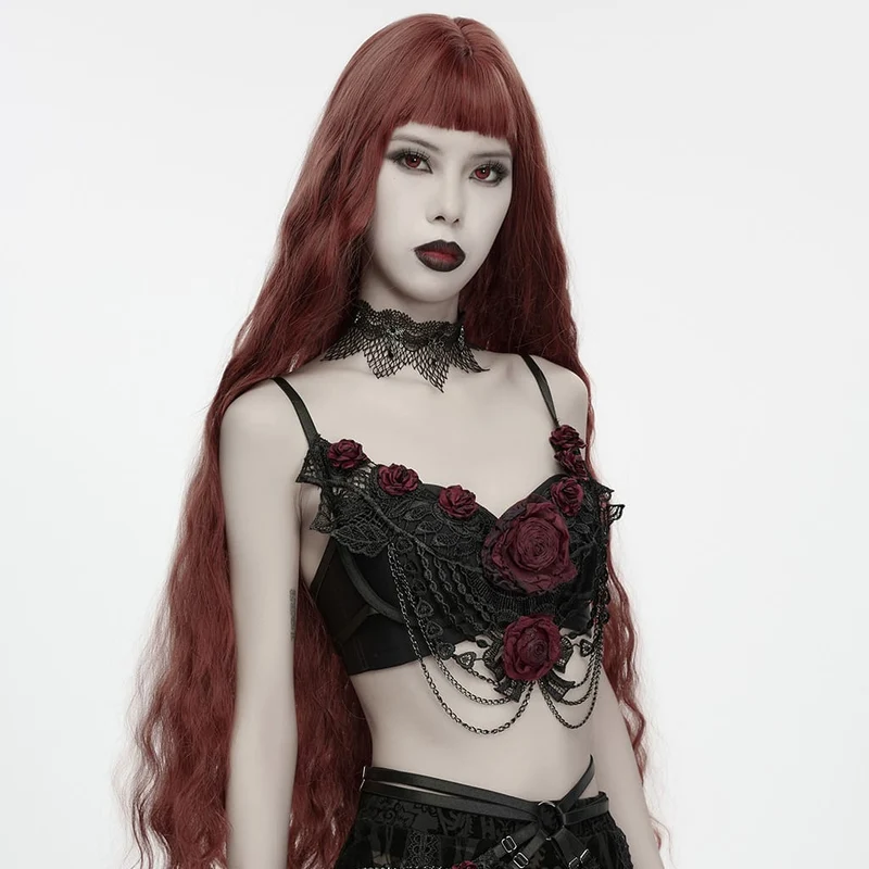 Gothic-Bralet mit Rosenkette für Damen, Schwarz-Rot