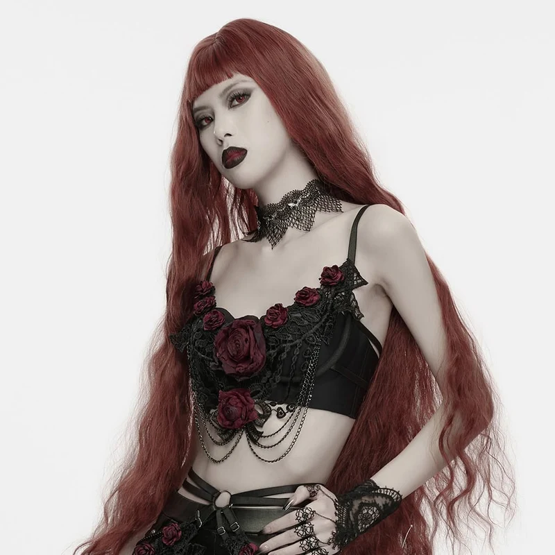 Gothic-Bralet mit Rosenkette für Damen, Schwarz-Rot
