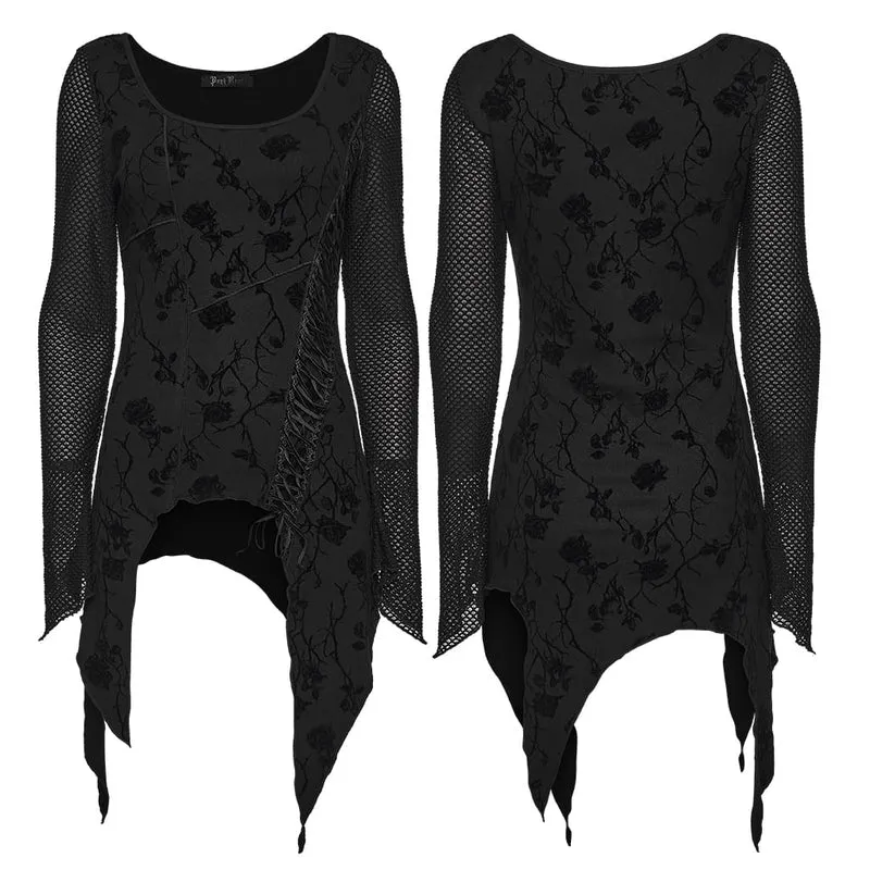 Gothic-Damenoberteil mit Rosenmuster, beflockt, Schnürung, asymmetrischem Saum und langen Ärmeln