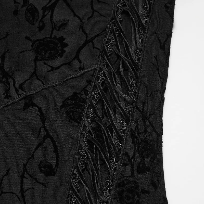 Gothic-Damenoberteil mit Rosenmuster, beflockt, Schnürung, asymmetrischem Saum und langen Ärmeln