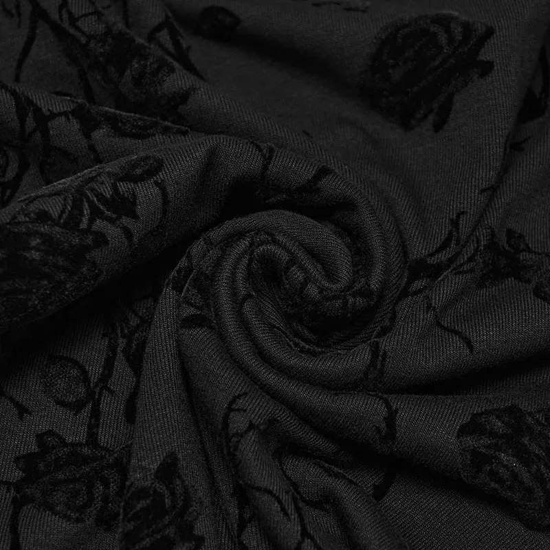 Gothic-Damenoberteil mit Rosenmuster, beflockt, Schnürung, asymmetrischem Saum und langen Ärmeln