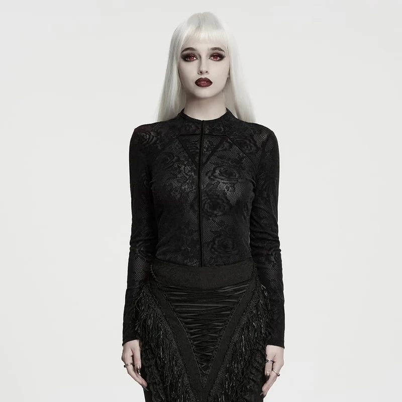 Schwarzes Gothic-Langarmshirt mit Rosenjacquardmuster für Damen