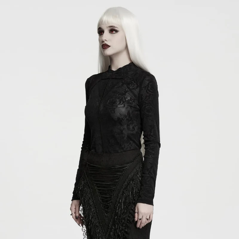 Schwarzes Gothic-Langarmshirt mit Rosenjacquardmuster für Damen