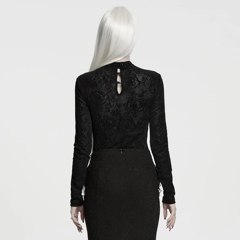 Schwarzes Gothic-Langarmshirt mit Rosenjacquardmuster für Damen