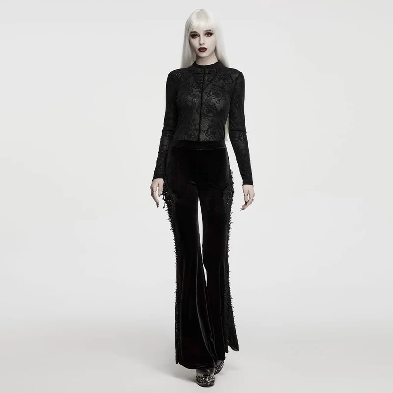 Schwarzes Gothic-Langarmshirt mit Rosenjacquardmuster für Damen