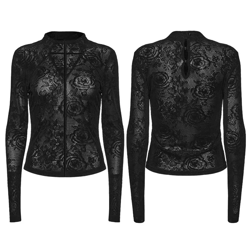 Schwarzes Gothic-Langarmshirt mit Rosenjacquardmuster für Damen