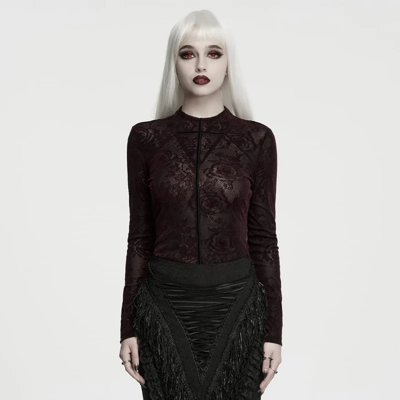 Gothic-Langarmshirt mit Rosenjacquardmuster für Damen, Rot