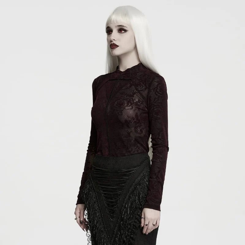 Gothic-Langarmshirt mit Rosenjacquardmuster für Damen, Rot