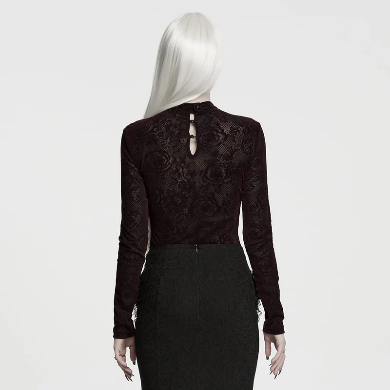Gothic-Langarmshirt mit Rosenjacquardmuster für Damen, Rot