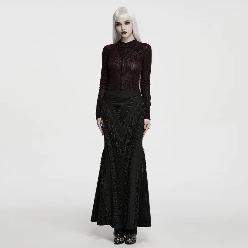 Gothic-Langarmshirt mit Rosenjacquardmuster für Damen, Rot